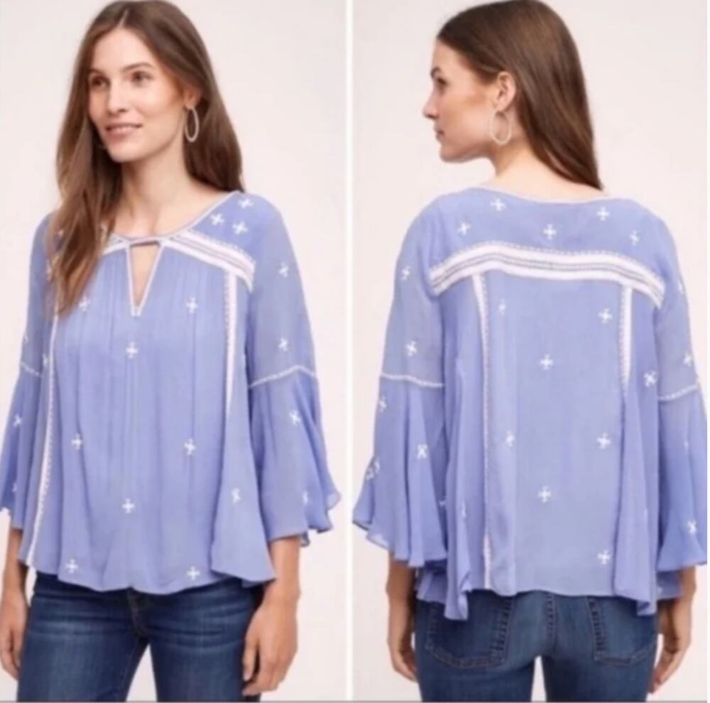 Floreat Anthropologie Embroidered Bell Sleeve Blouse Boho Fairy Romantic US 12